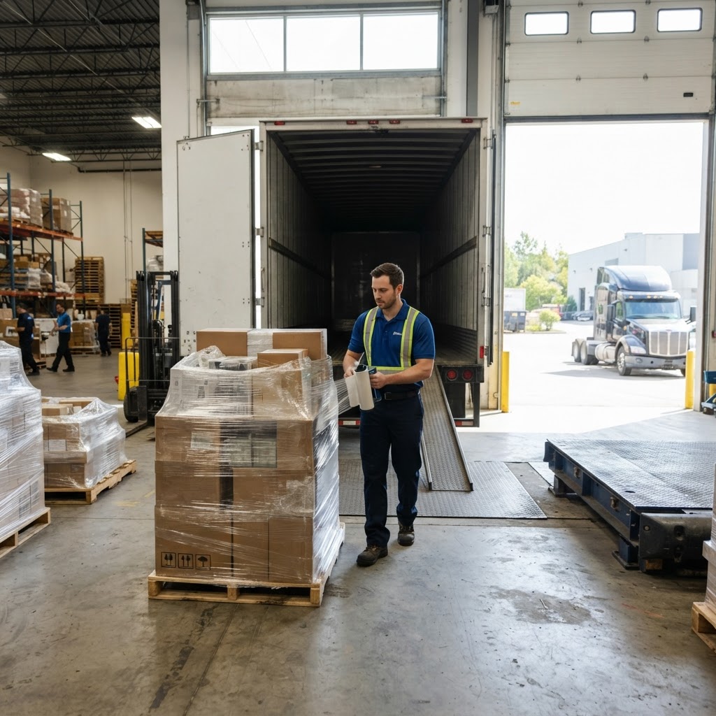 Warehouse worker preparing a pallet for shipping