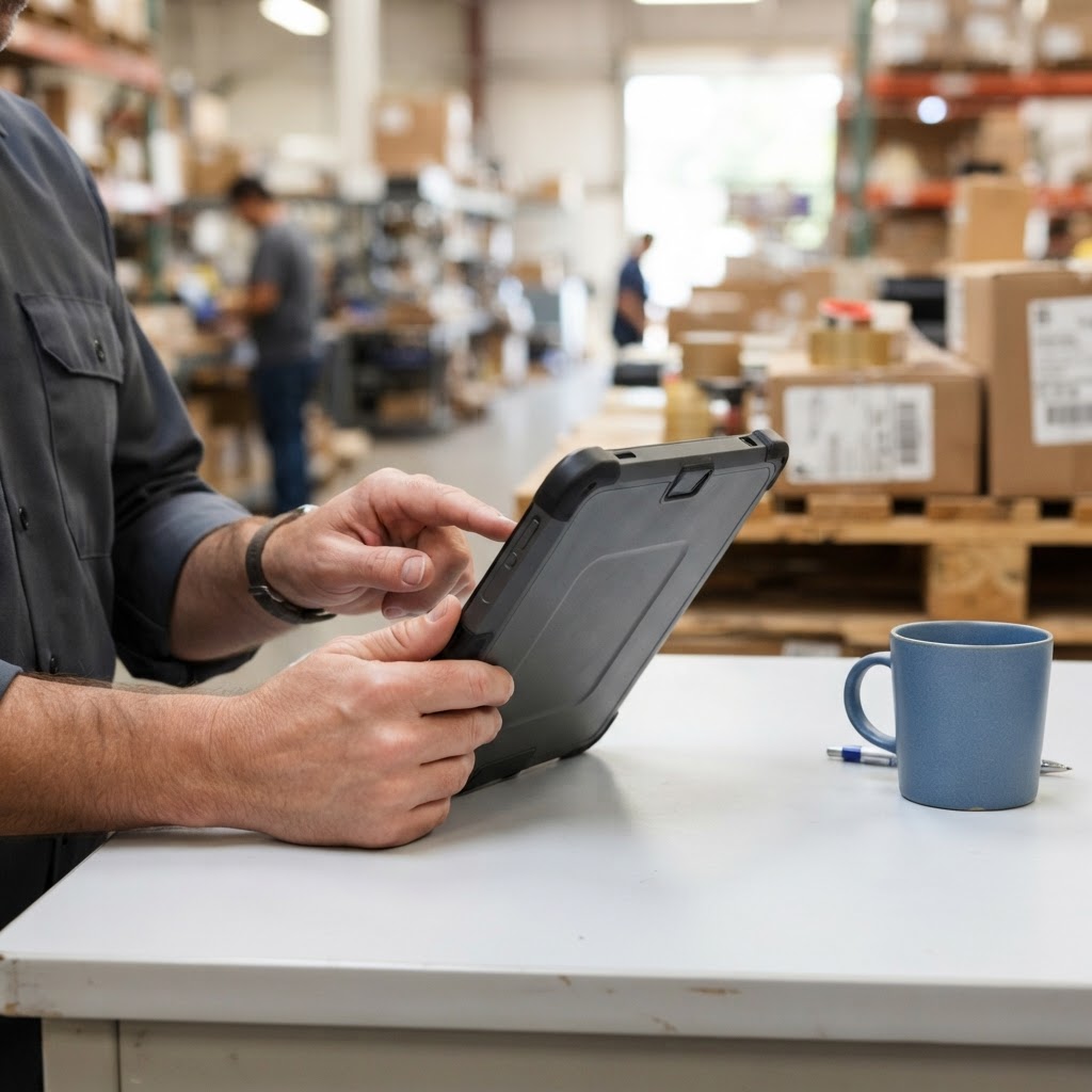 Hands holding a tablet while checking shipment details in a warehouse