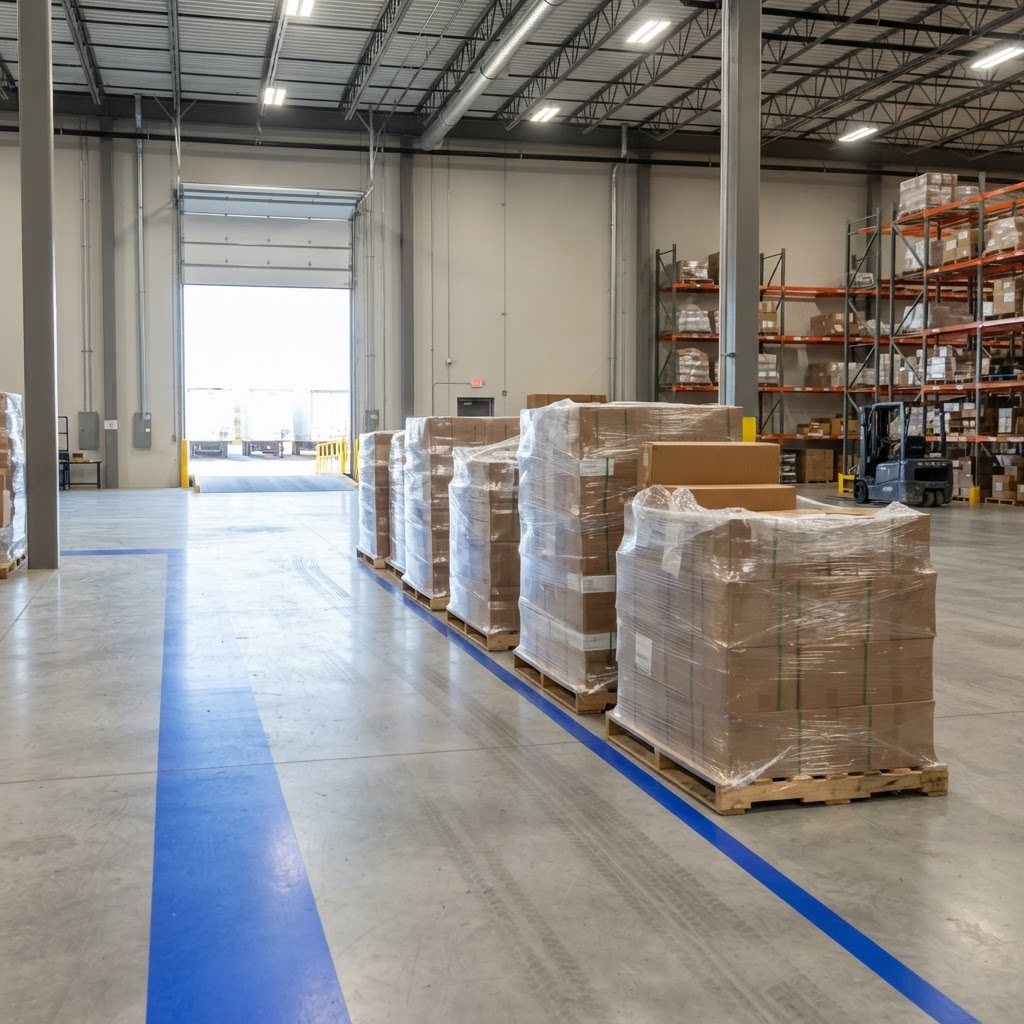 Organized warehouse floor with prepared pallets and clear safety markings