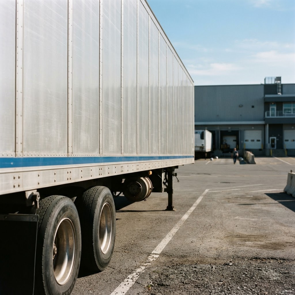 Side view of a transport trailer at a modern distribution center