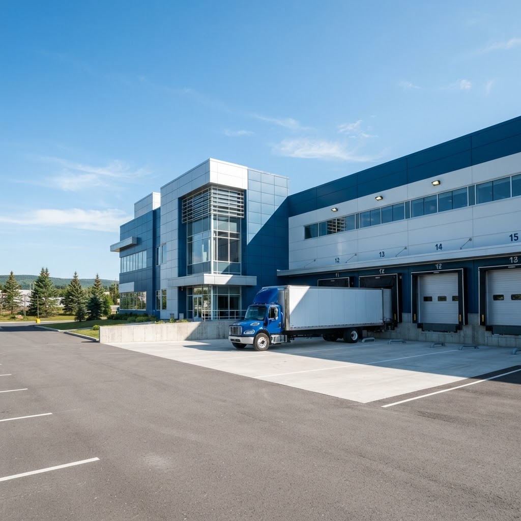 Clean warehouse loading bay with a transport truck parked outside