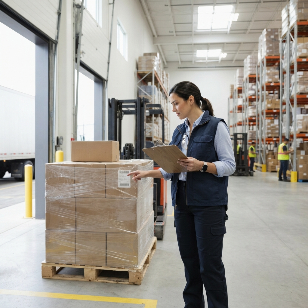 Logistics manager inspecting a shipment on a warehouse loading dock