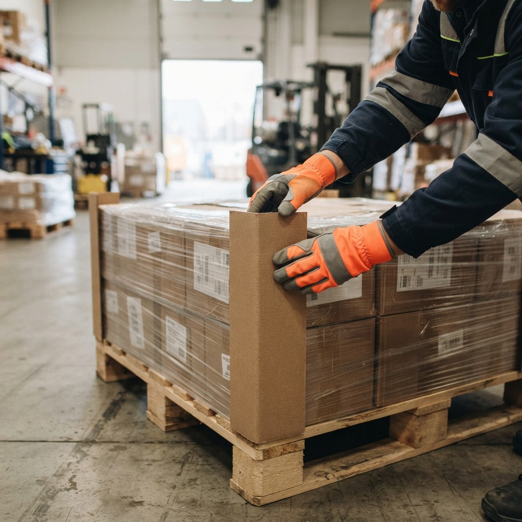 Warehouse worker securing freight on a pallet for shipping