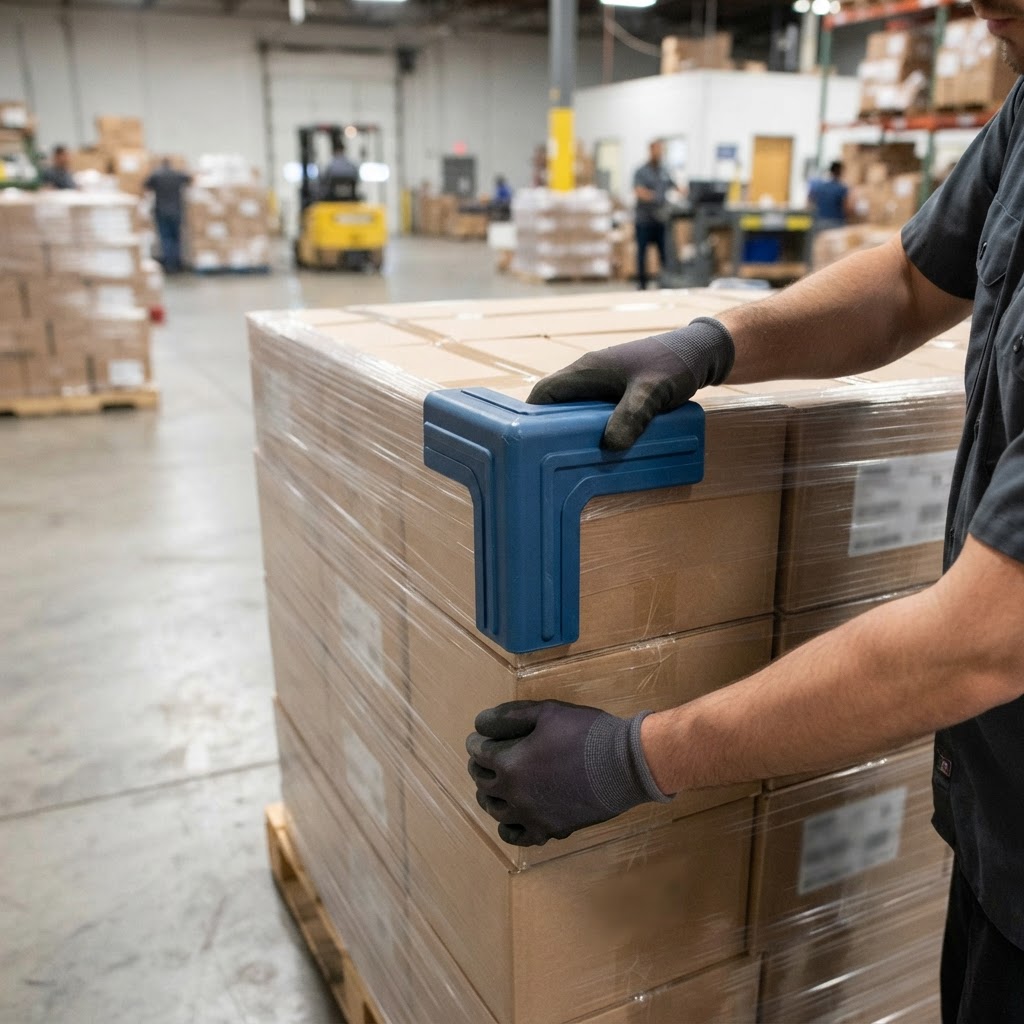 Hands applying corner protection to a shipping pallet