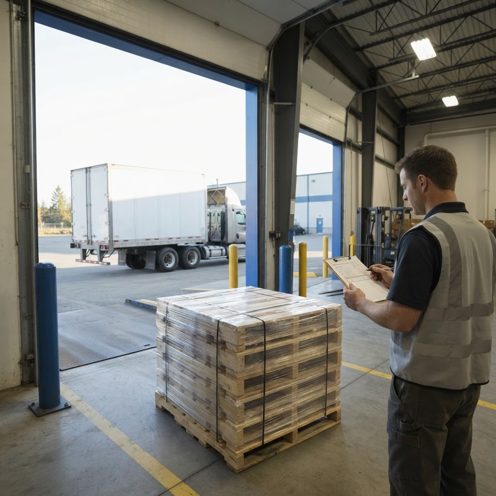 Logistics manager checking paperwork before loading trailer