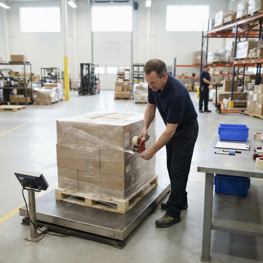 Shipping manager secures shrink-wrapped pallet on warehouse scale