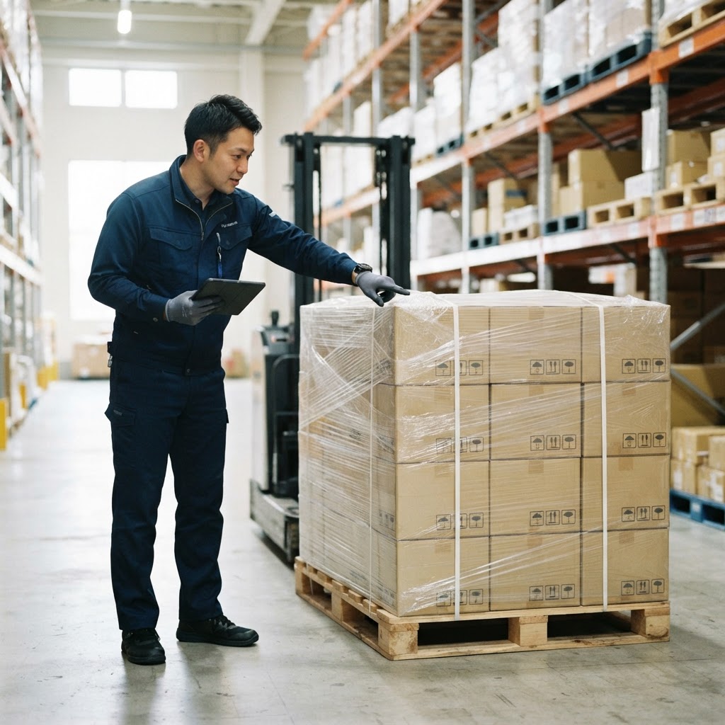 Worker verifying pallet dimensions in a warehouse