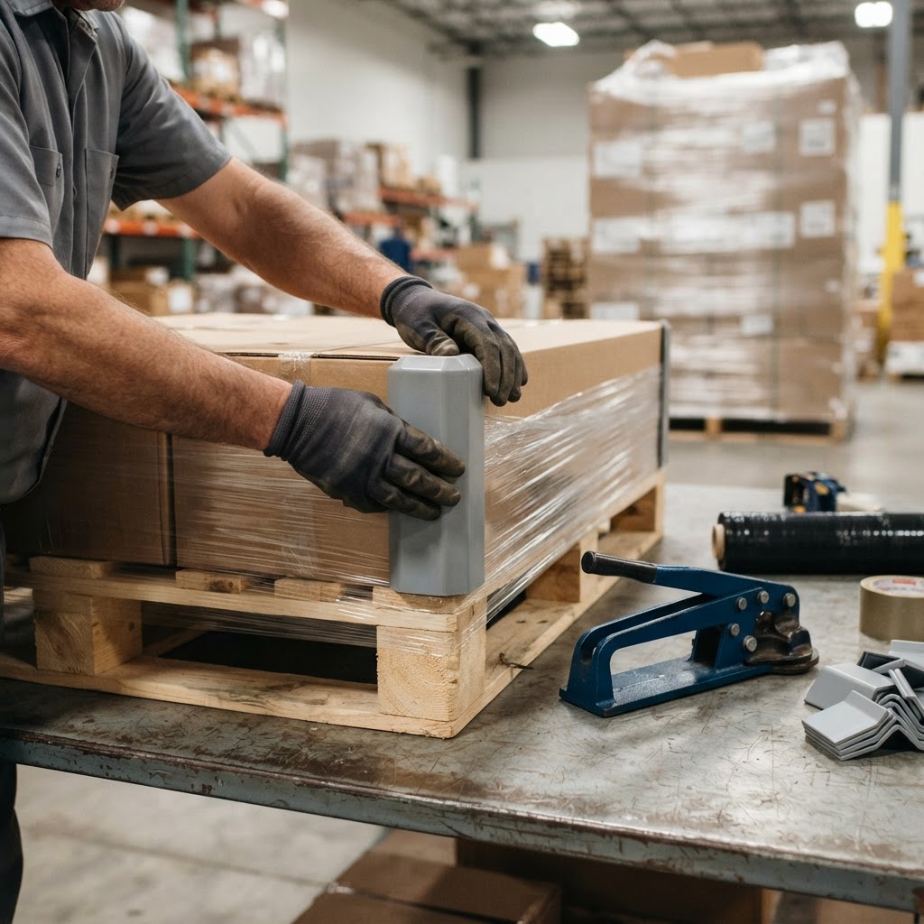 Applying protective corner guards to a shipping pallet