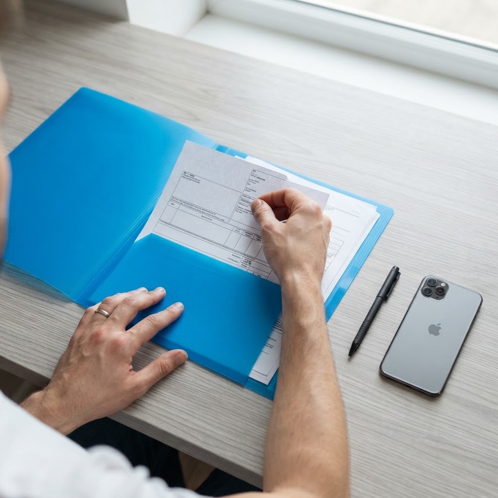 Organizing freight shipping documents in a blue folder