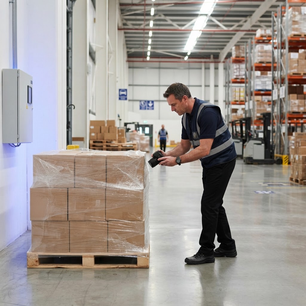 Warehouse manager documenting a pallet with a camera