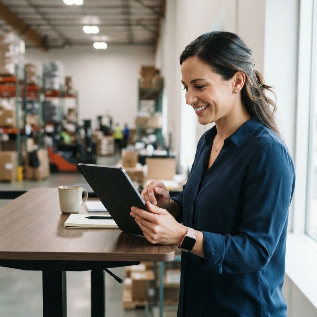 Logistics manager checking a tablet in a modern office
