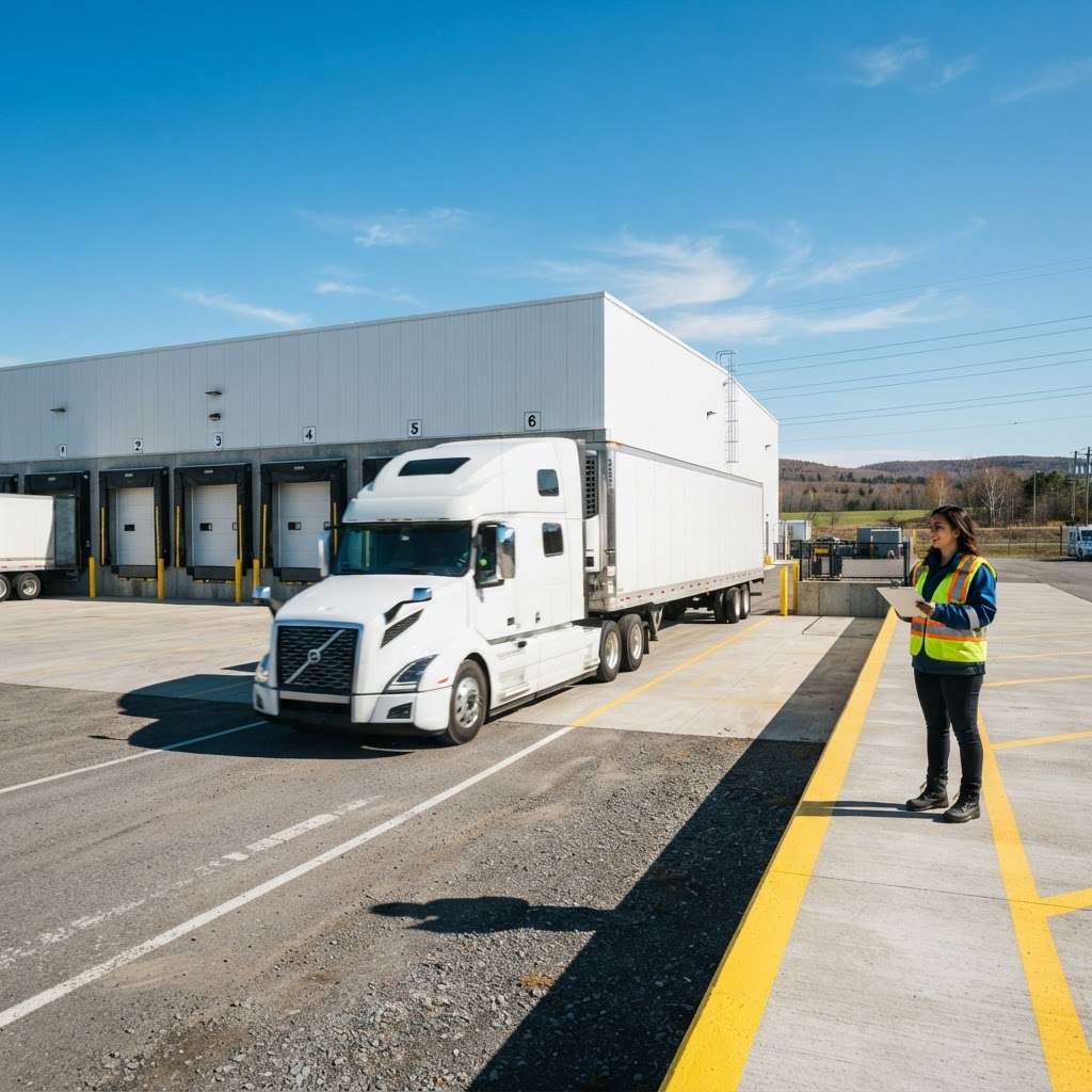 Transport truck departing a warehouse loading dock