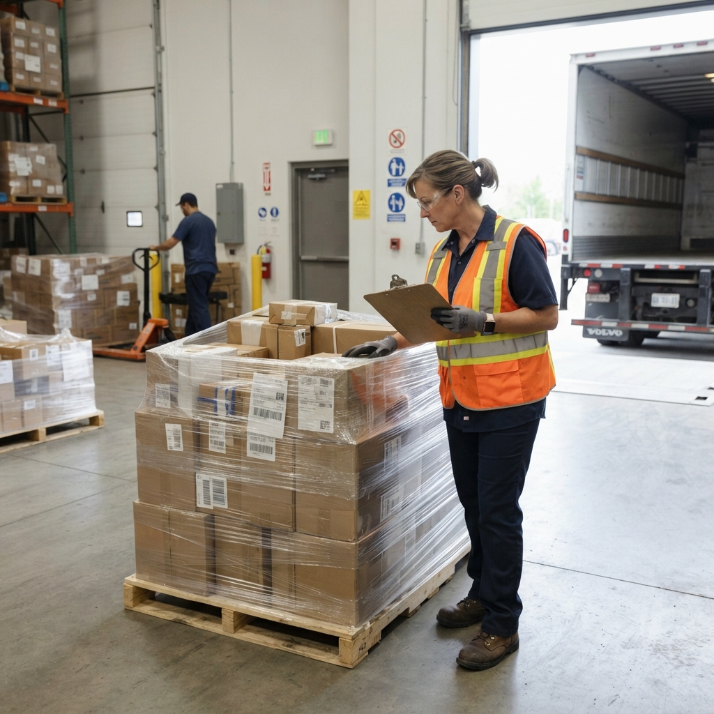 Warehouse worker inspecting palletized freight before shipping