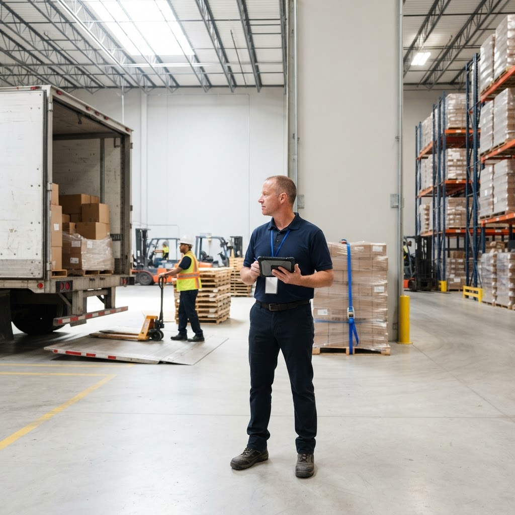 Logistics manager overseeing a professional freight loading operation