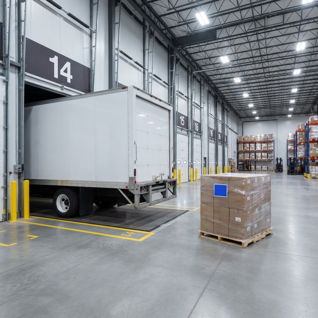 Regional delivery truck docked at a clean industrial facility
