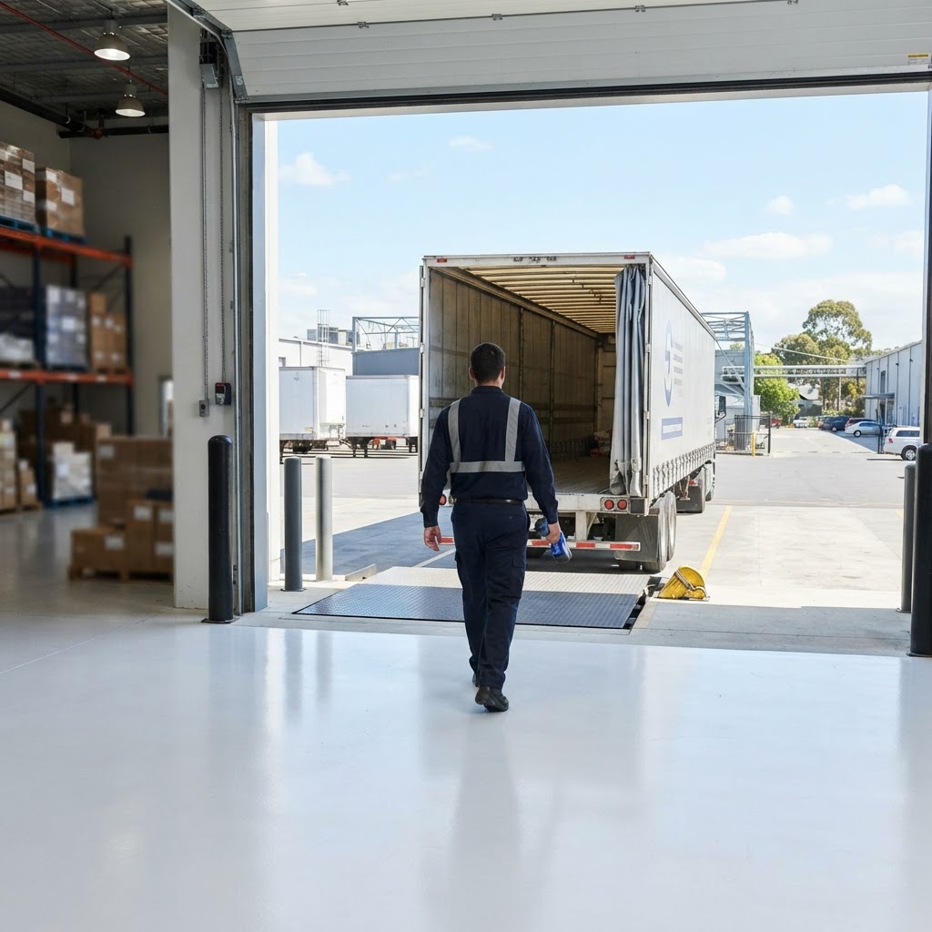 Warehouse staff member walking toward a trailer for loading