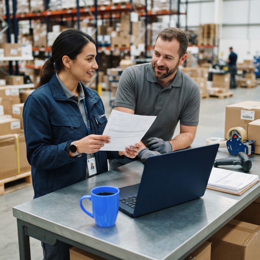 Warehouse workers preparing shipment paperwork at a desk