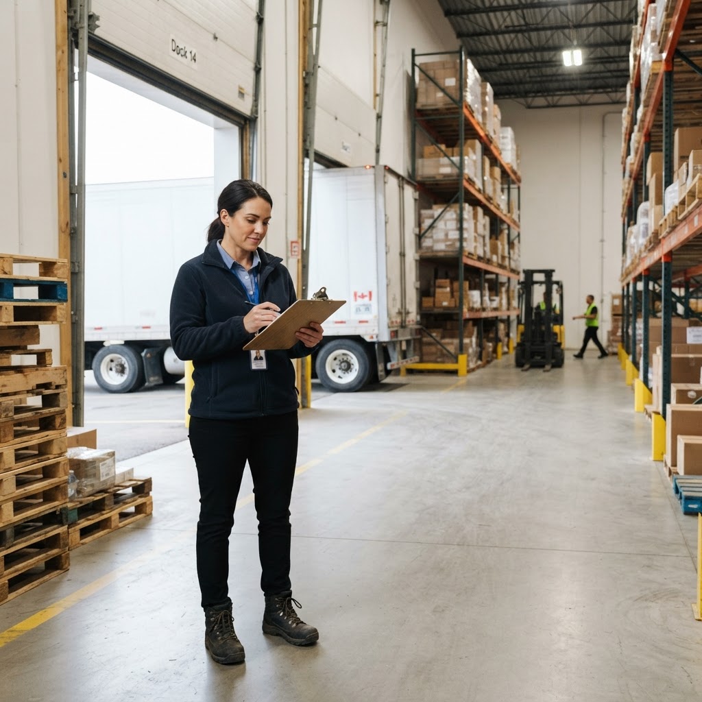 Logistics manager in a clean warehouse with a transport truck