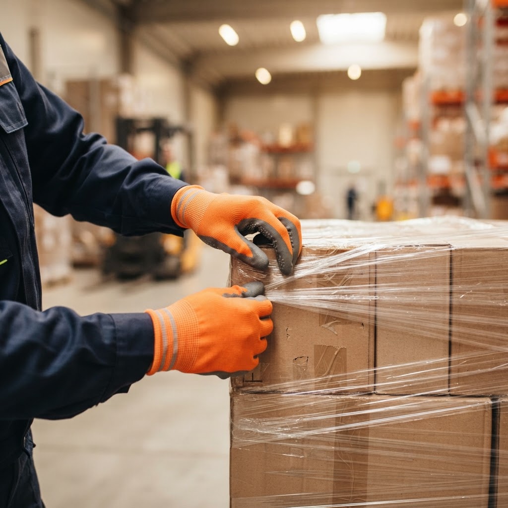 Warehouse worker preparing a pallet for shipment
