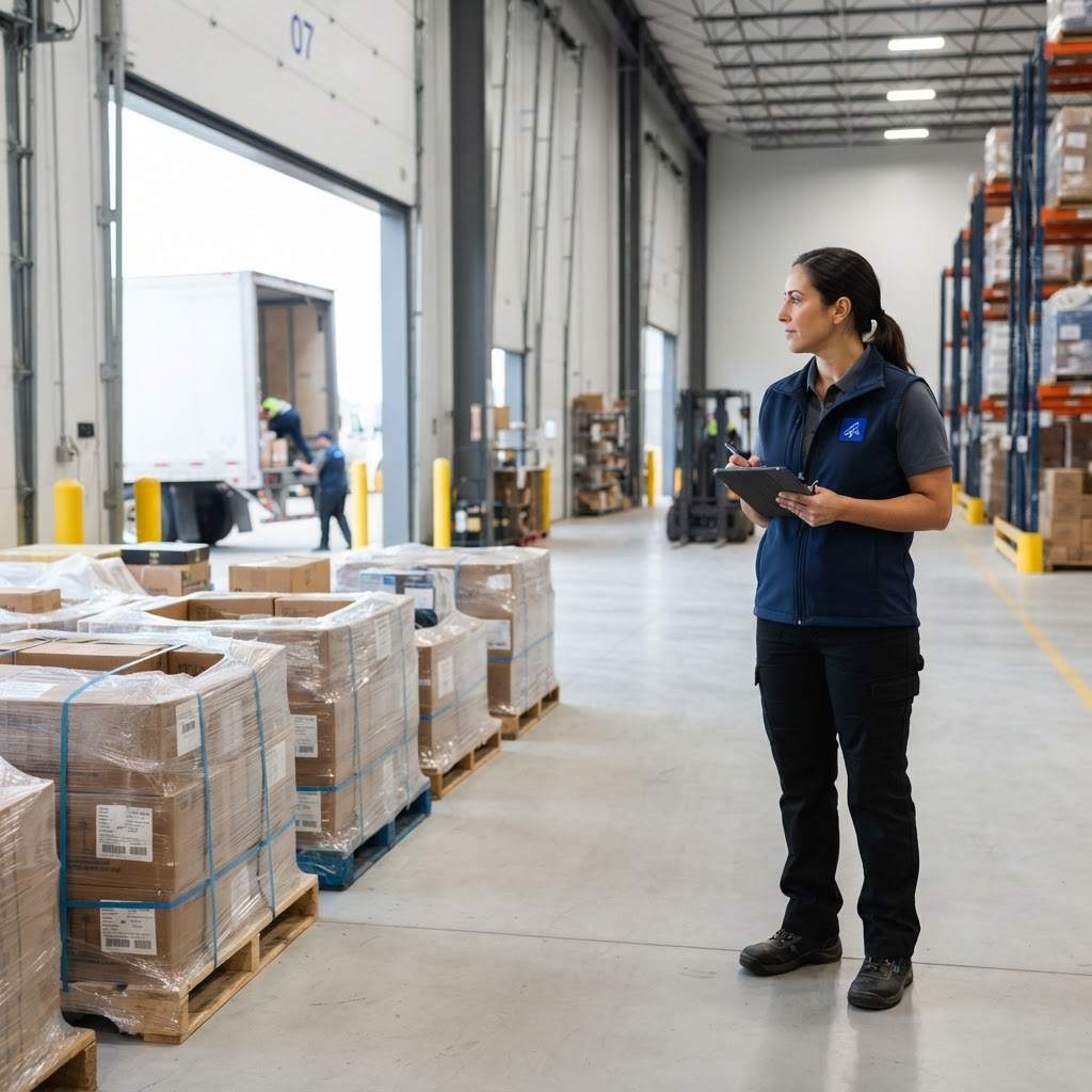 Logistics coordinator watching a shipment departure at a warehouse
