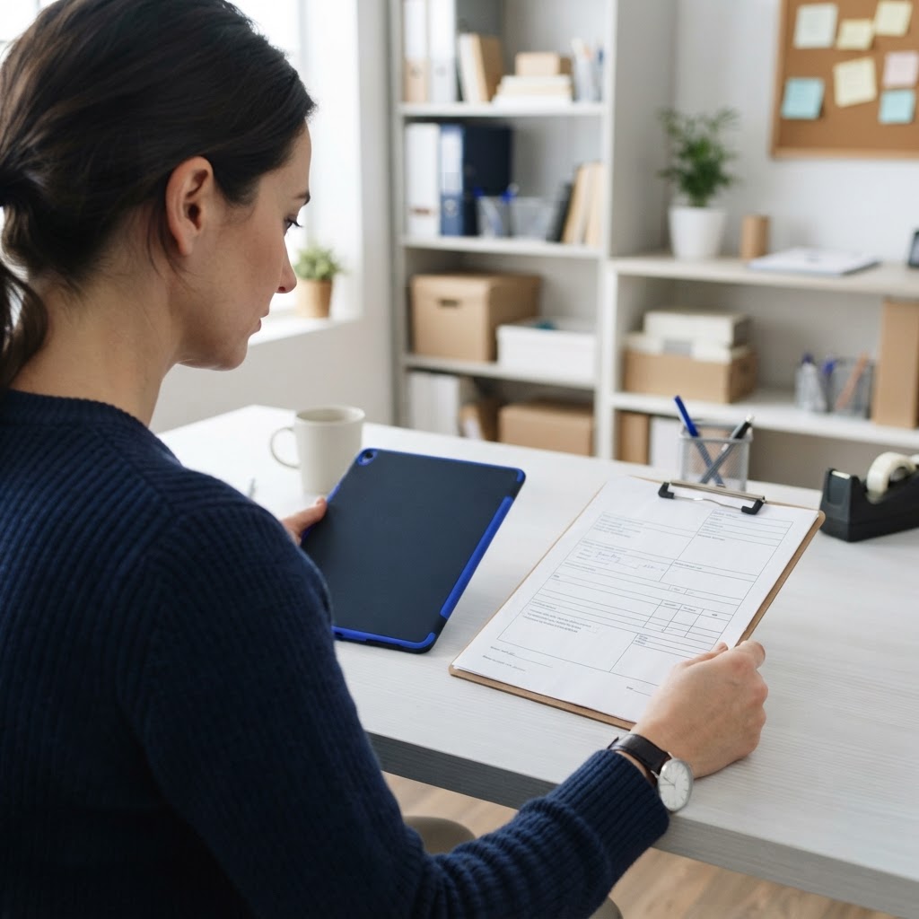 Logistics manager reviewing shipping documents on a tablet