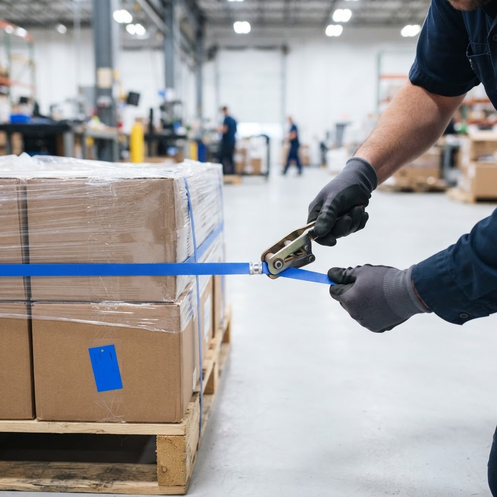 Worker hands securing a pallet for freight shipping