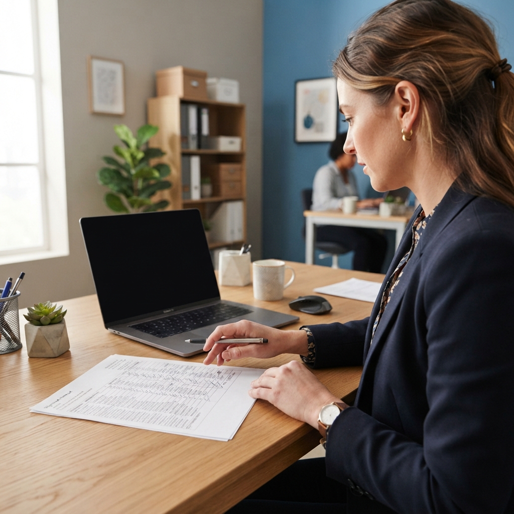 Business owner reviewing shipping logistics in a clean office