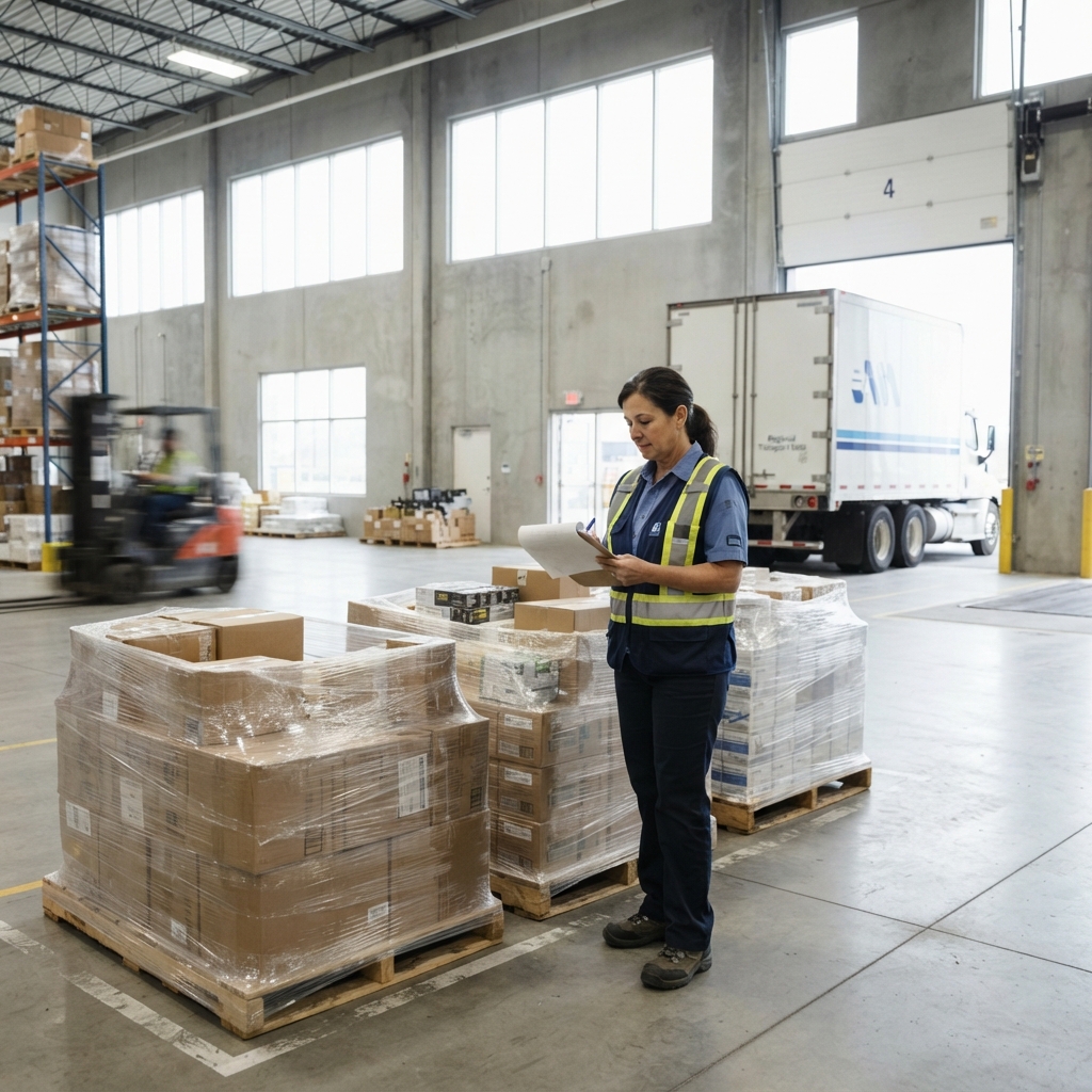 Warehouse manager reviewing shipping documents near prepared freight