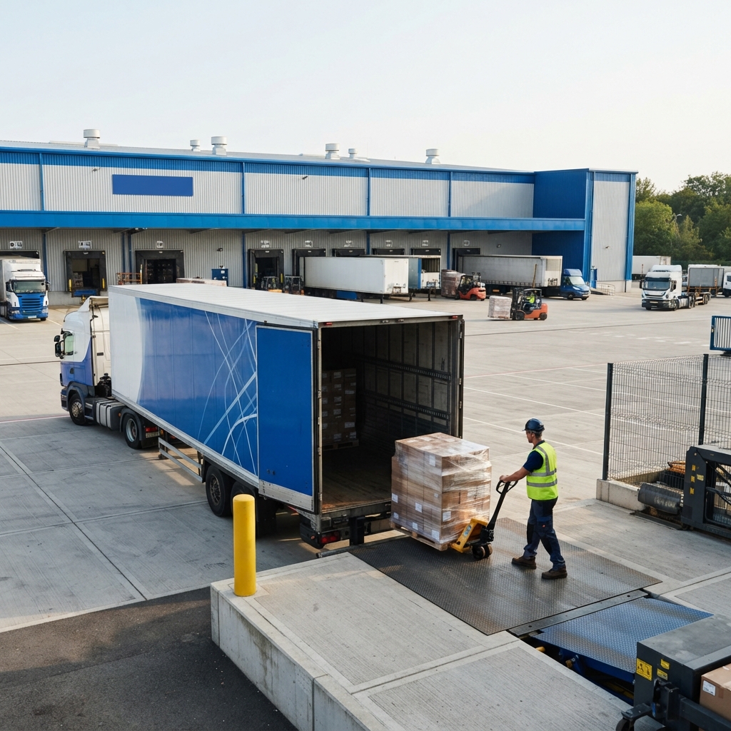 Worker loading a pallet into a trailer at an industrial dock