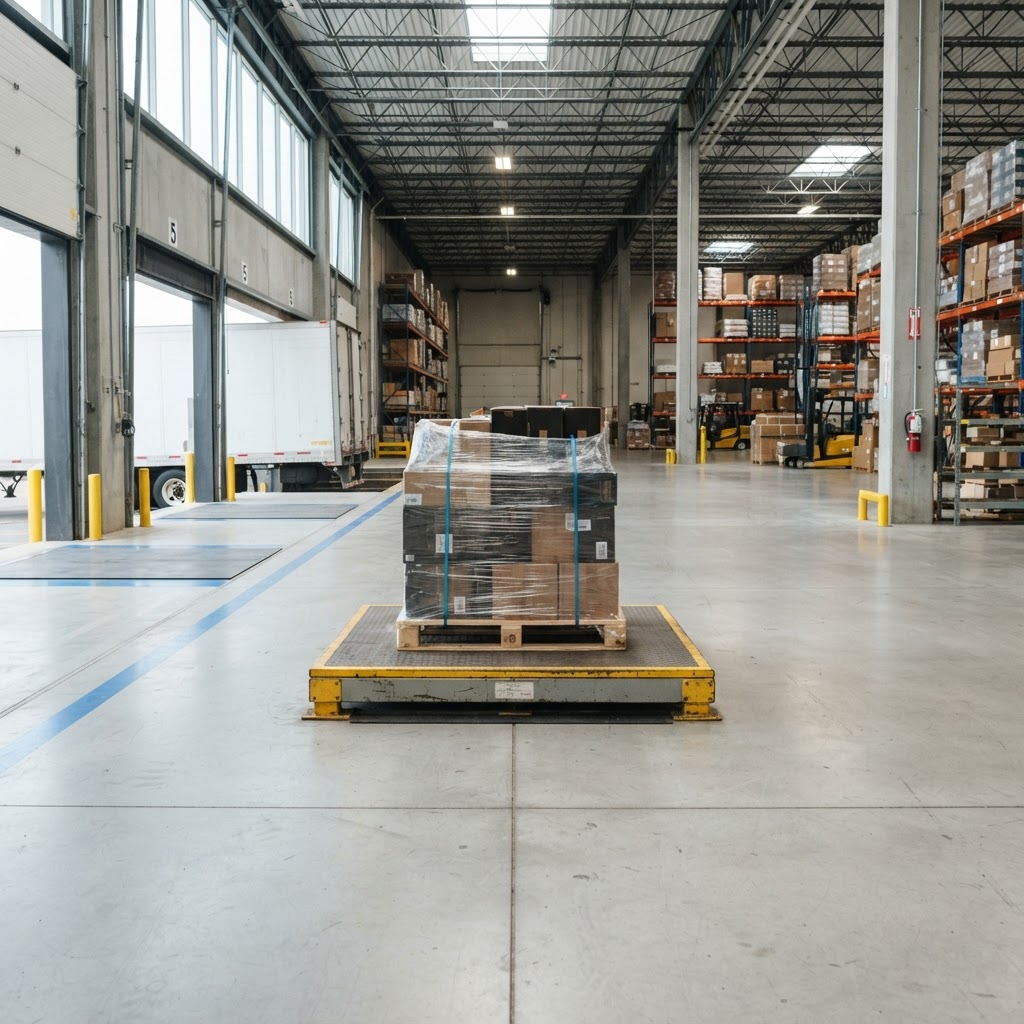 Clean industrial warehouse dock with single pallet on scales