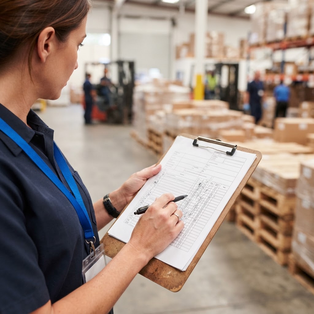 Logistics manager checking a shipping manifest in a warehouse