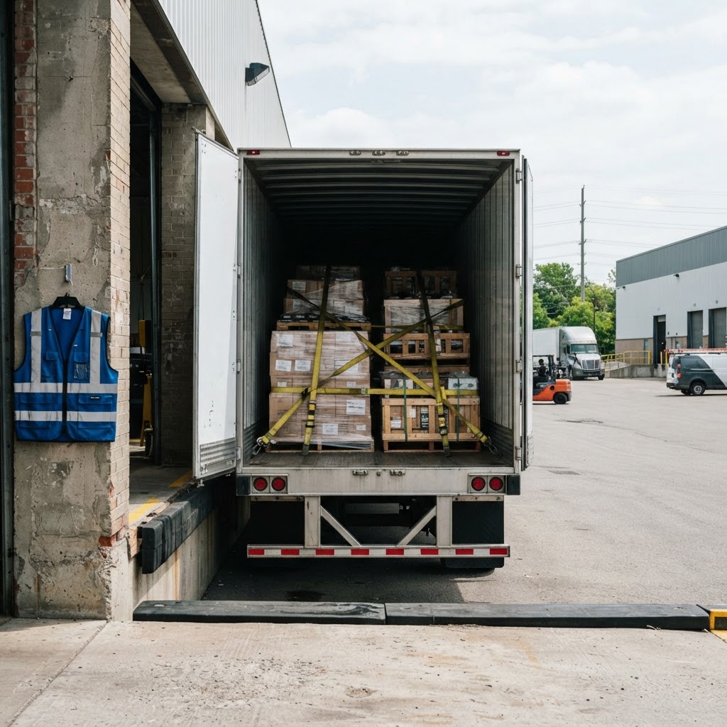 Open transport trailer at a modern loading dock