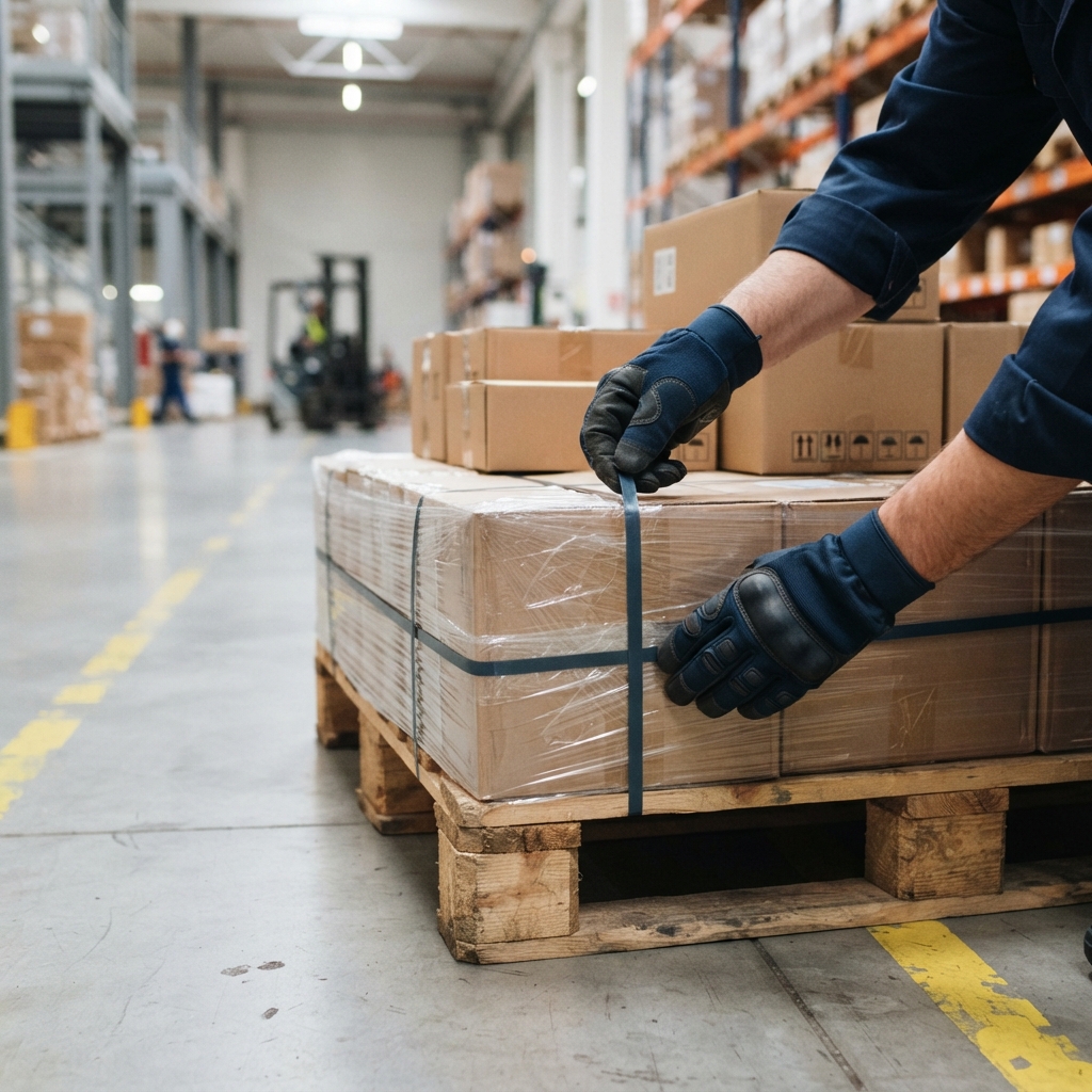 Close up of hands inspecting a pallet of goods