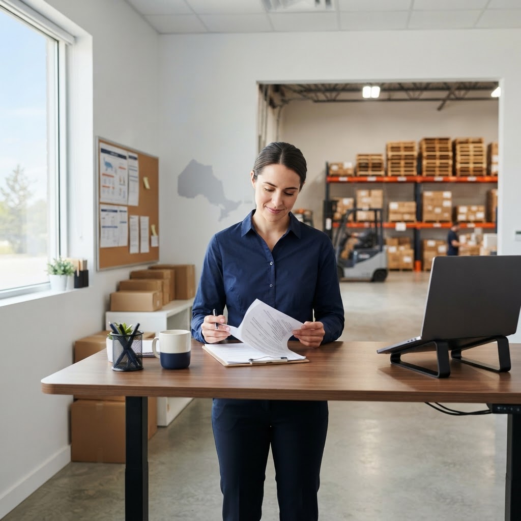 Logistics coordinator reviewing shipping documents in a clean office
