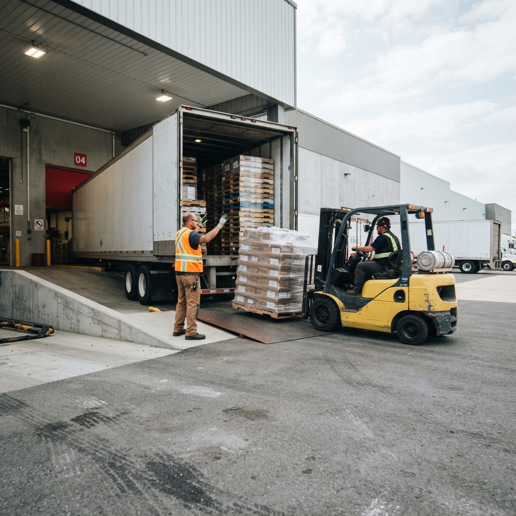 Worker overseeing organized pallet loading at a shipping dock