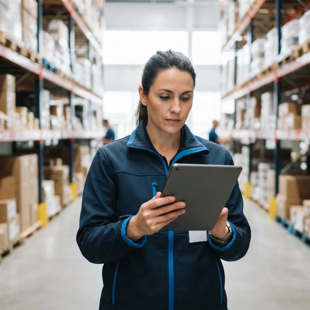 Logistics manager checking a tablet in a bright warehouse