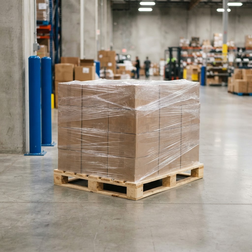 Shrink wrapped pallet in an organized warehouse