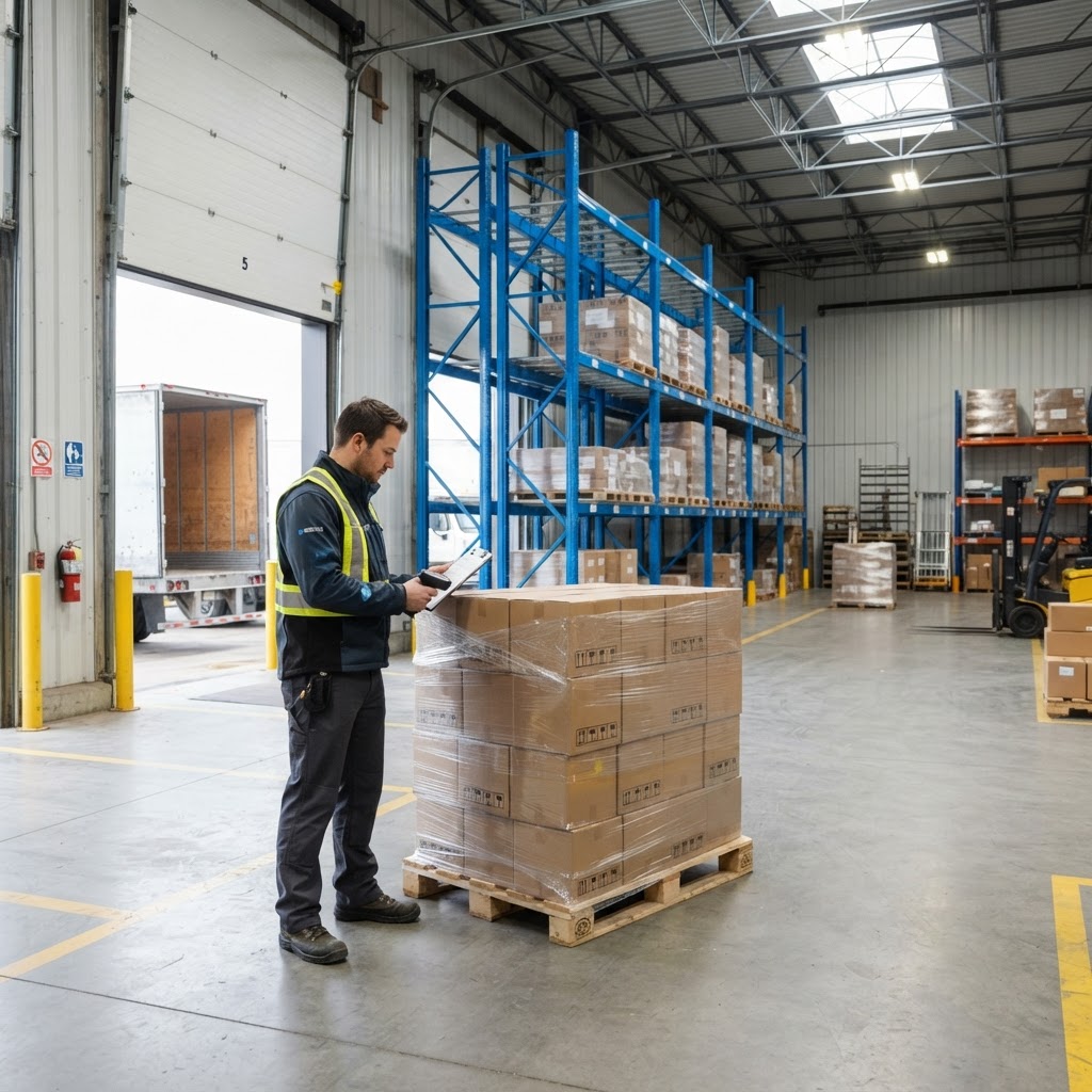 Warehouse employee checking a pallet at a loading dock