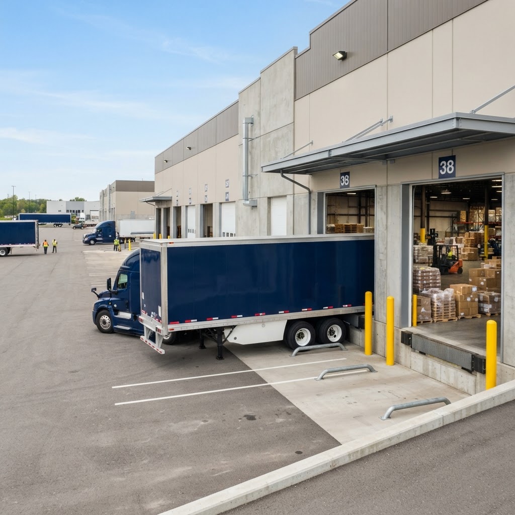 Freight truck arriving at a warehouse loading bay