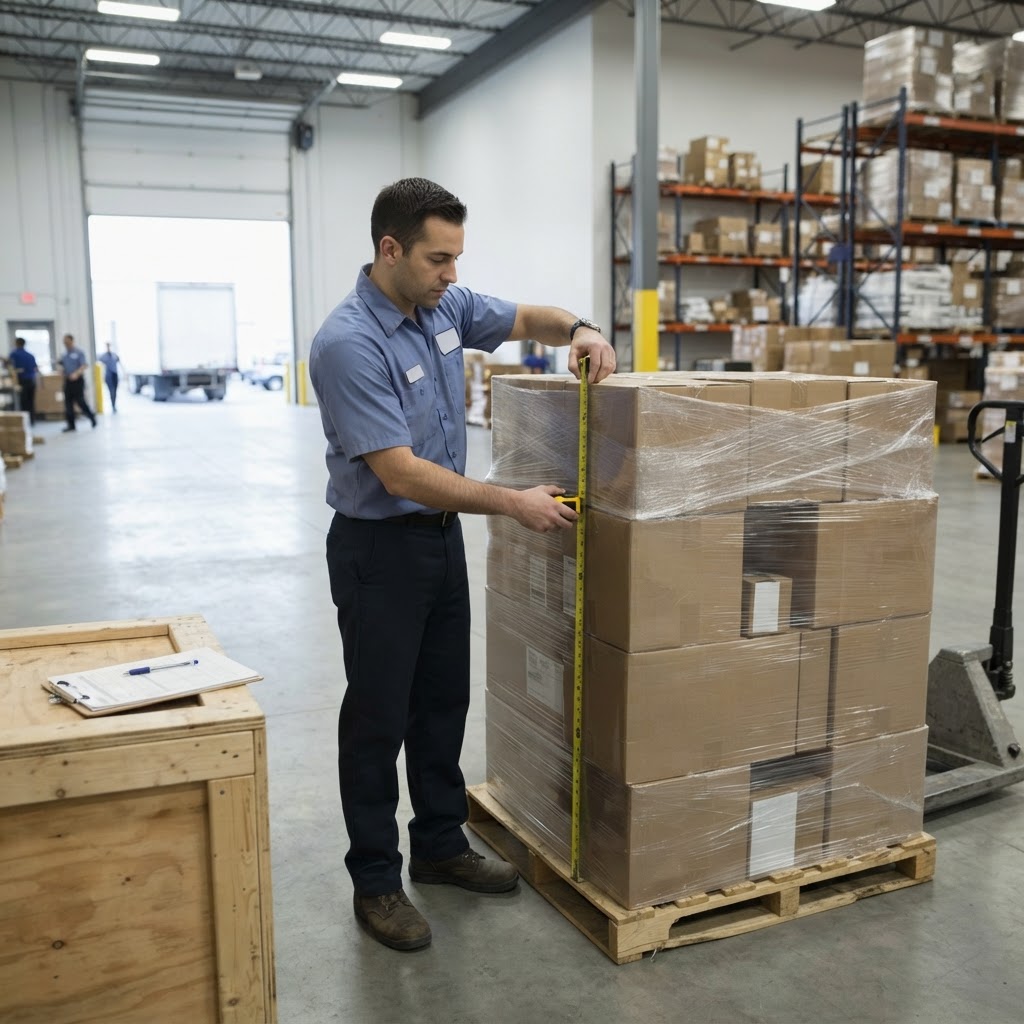 Warehouse worker measuring a shipping pallet for accuracy