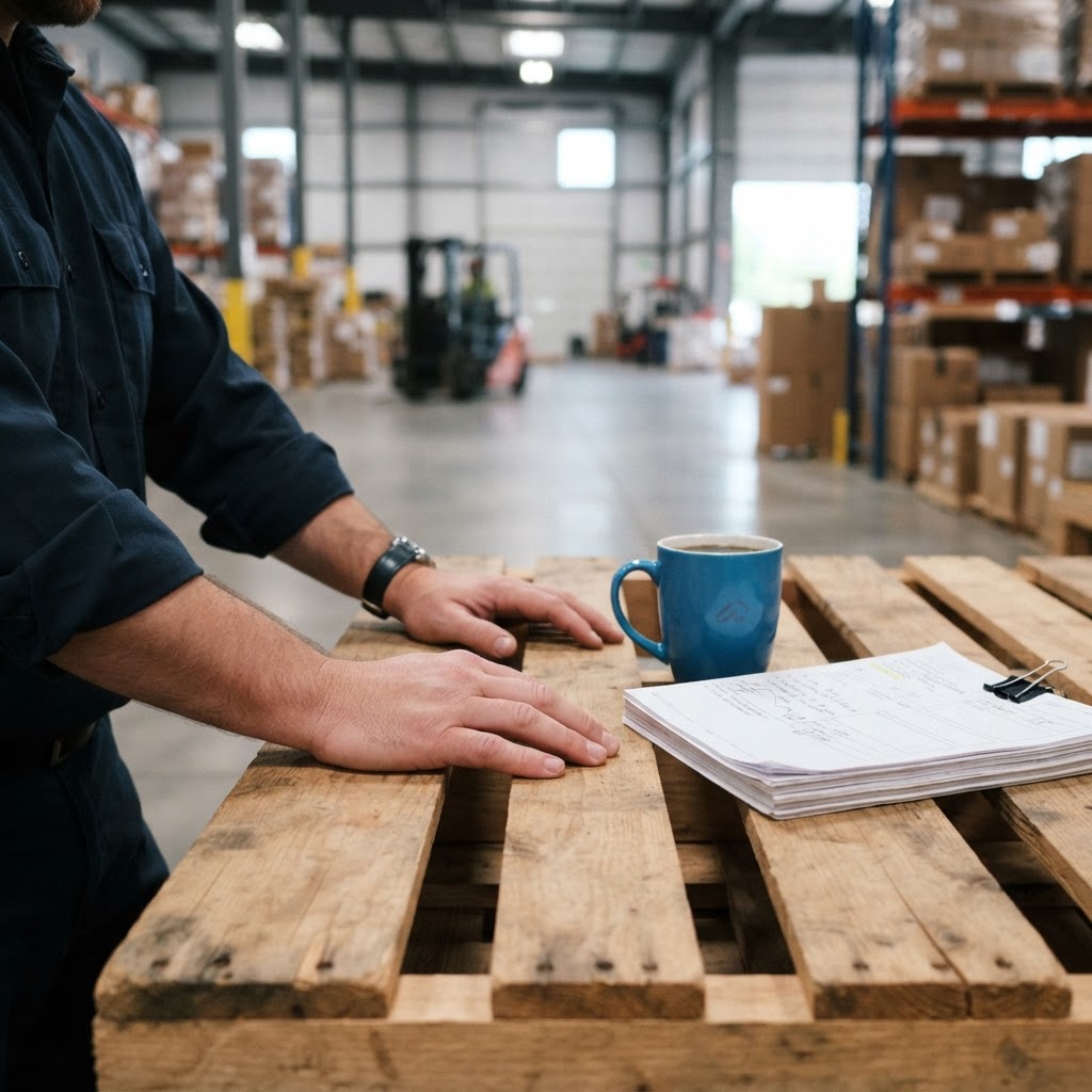 Hands preparing documentation on a wooden pallet