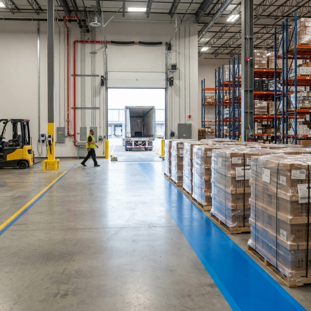 Organized warehouse floor with shipping pallets