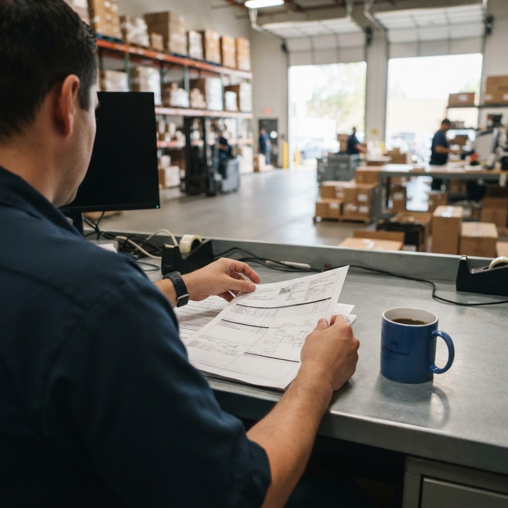Logistics coordinator hands at a clean organized warehouse desk