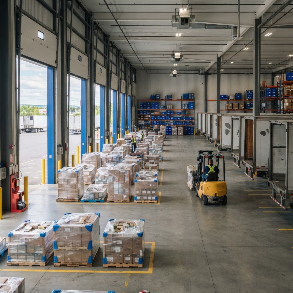 Orderly pallets staged in a bright industrial cross-docking terminal