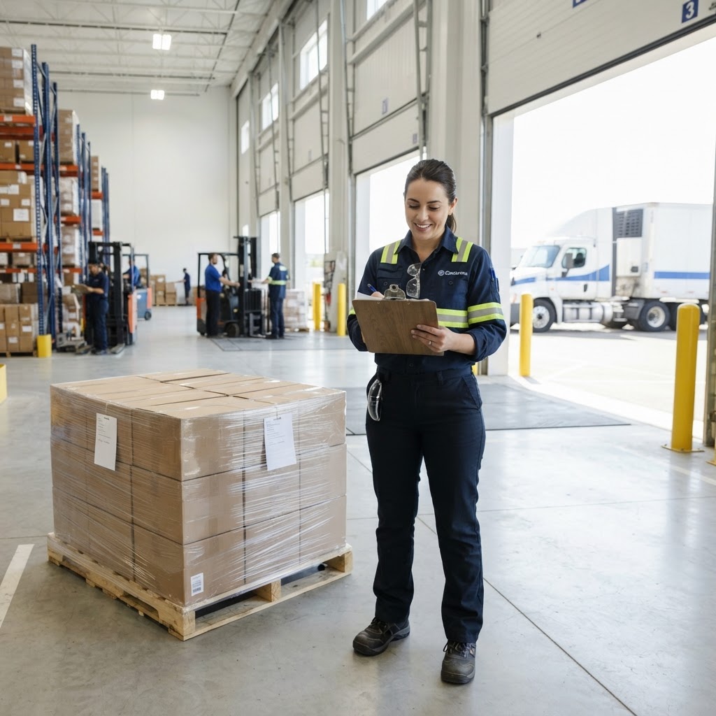Logistics coordinator preparing a pallet for shipment in a warehouse