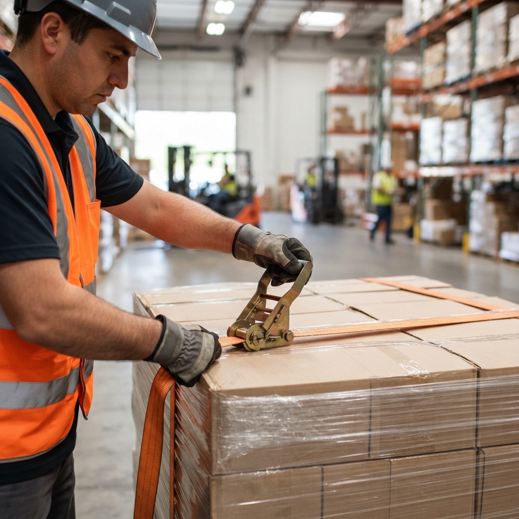 Warehouse worker securing pallet freight for transport