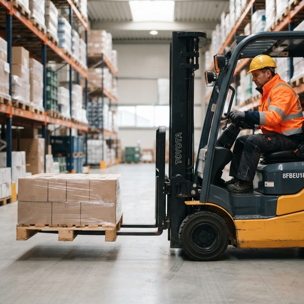 Forklift operator loading a pallet in a warehouse