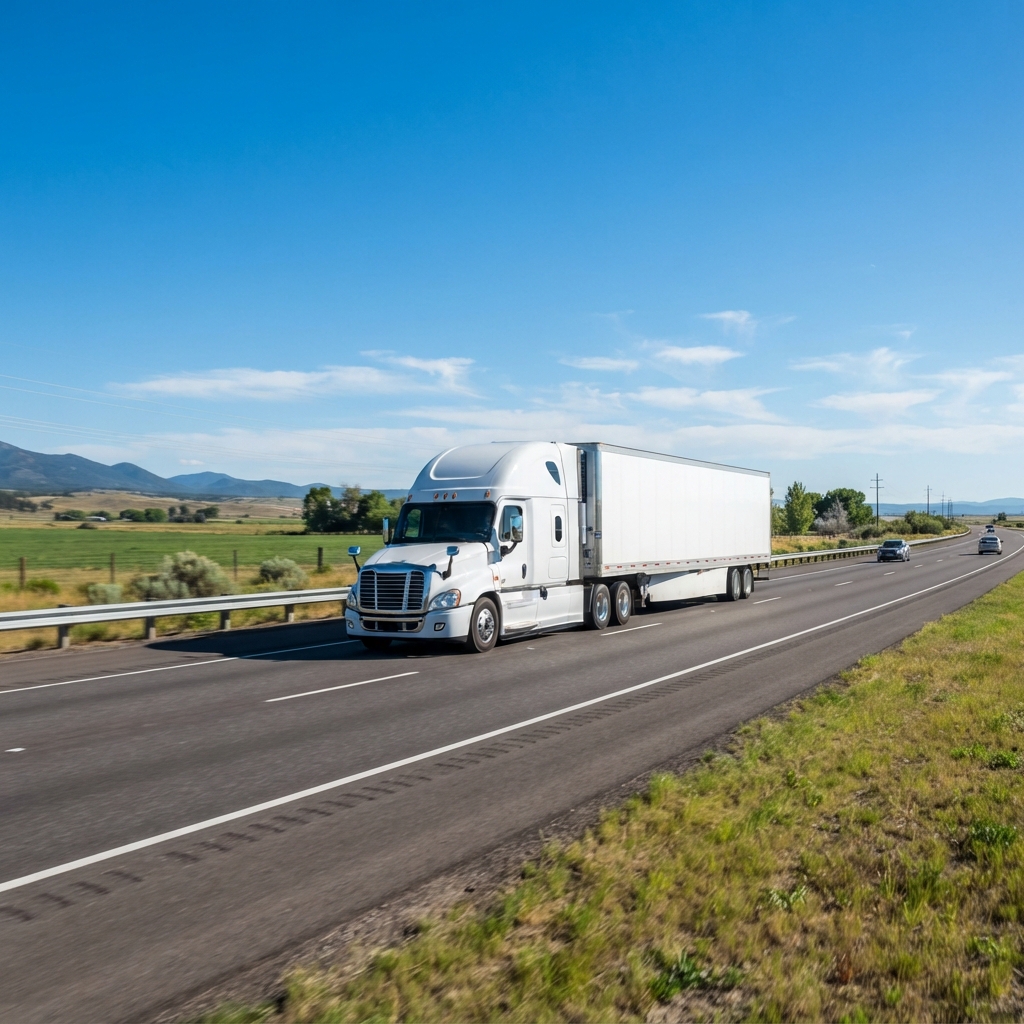 Transport truck driving on a sunny highway