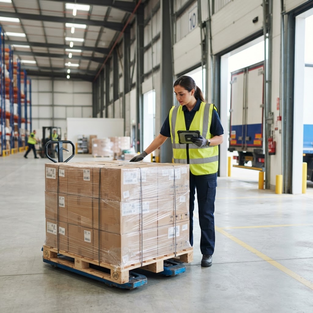 Warehouse coordinator preparing a pallet for shipment