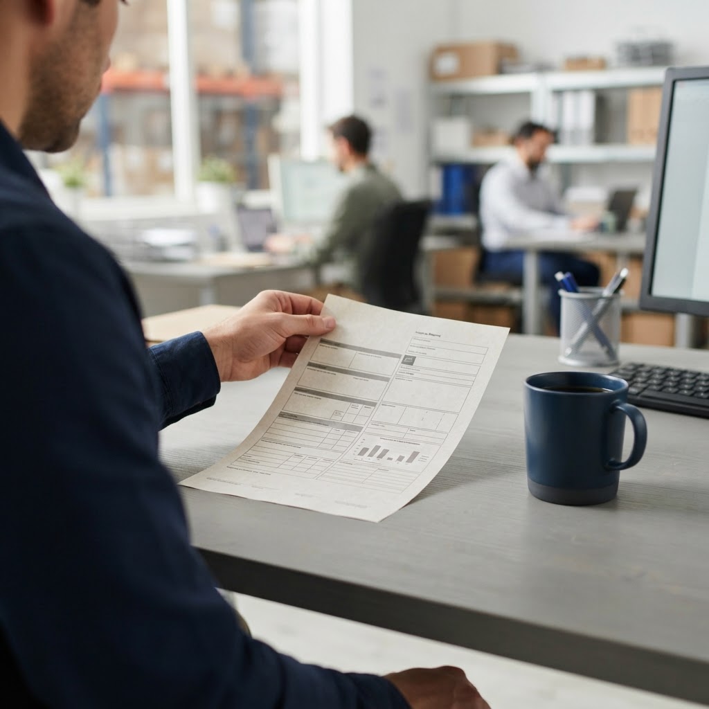 Hands placing shipping paperwork on an office desk
